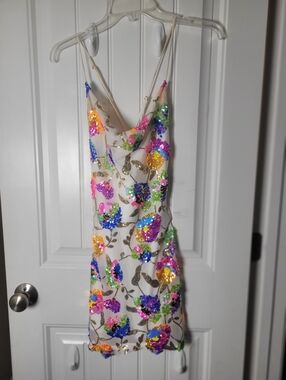Sequin Floral Cowl Slip Dress - Multicolor on Cream by Lucy in the sky.  Size XS